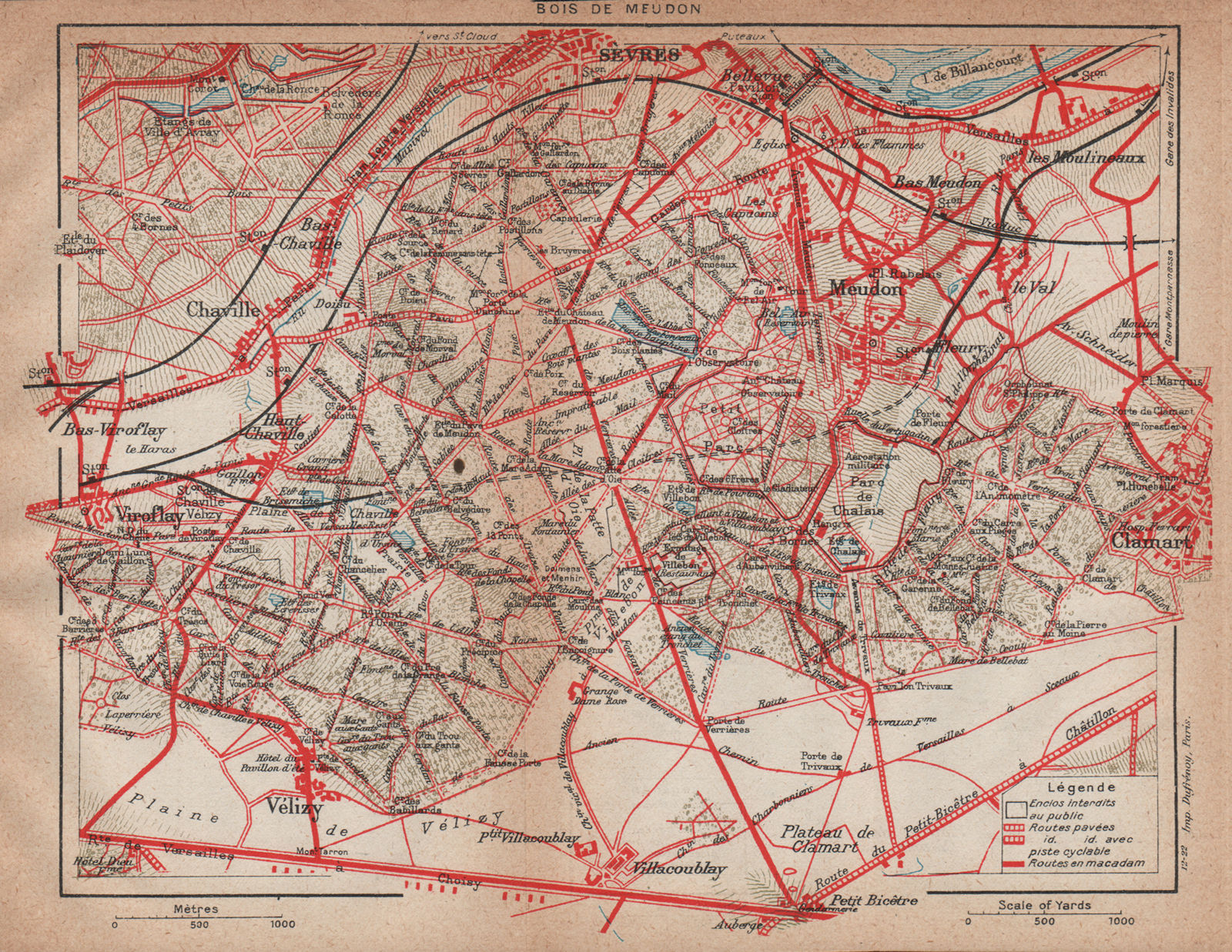 BOIS DE MEUDON. Vintage map plan. Sèvres Chaville Vélizy Clamart. Yvelines 1922